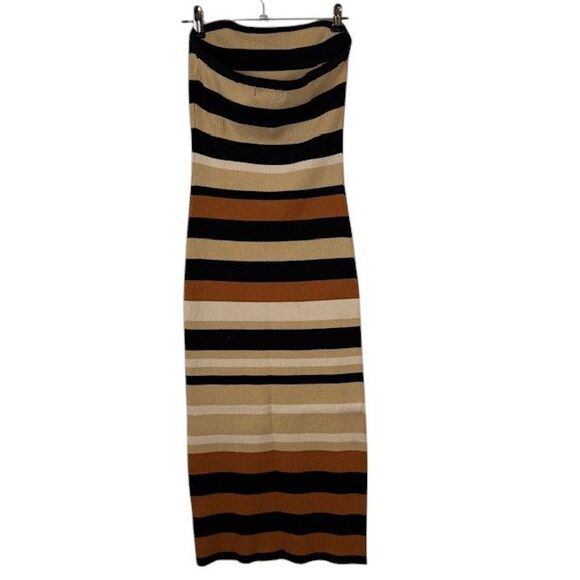 House of Harlow 1960 Rib Knit Striped Dress Strapless Black Tan Rust Size Small - Picture 2 of 7
